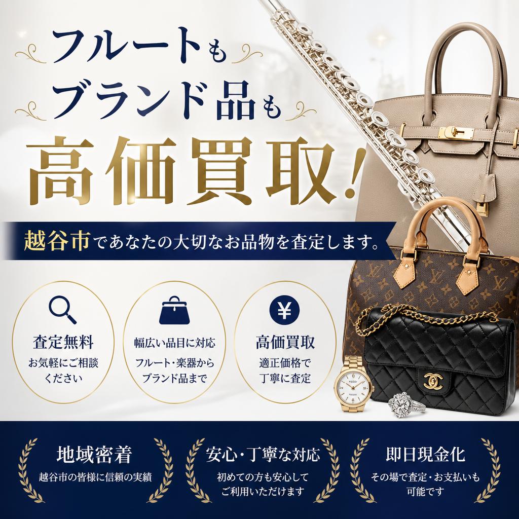 「フルートもブランド品も高価買取！越谷市であなたの大切なお品物を査定します。」
